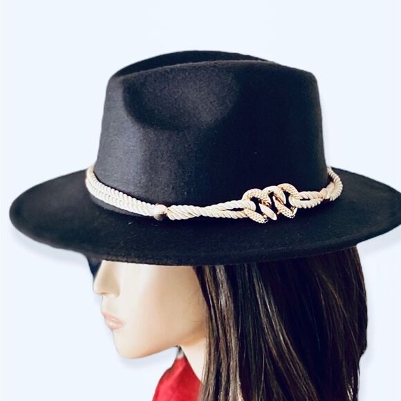 Black Tall Dented Crown Gold Chain Rope Hat Band Fedora Hat NEW